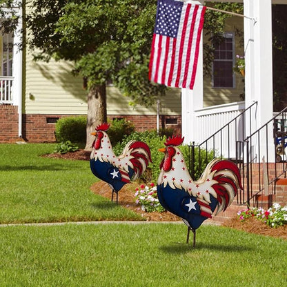 2PCS Patriotic Metal Rooster Yard Decor 12in 4th of July Chicken Garden Statues with Stake Outdoor Art Decorations Red White and Blue American Flag Iron Rooster Sign for Lawn Backyard Home Decor