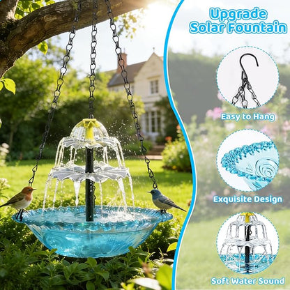 Hanging Solar Bird Bath Fountain, 3 Layers Outdoor Cascading Bird Bath with Solar Pump, 3 Nozzles & Blue Glass Bowl, Attracts Wild Birds for Garden, Backyard, Pergola