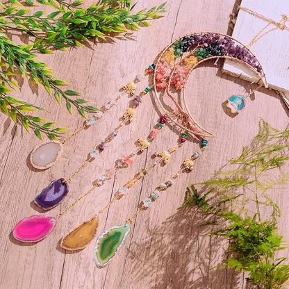 7 Chakra Crystal Wind Chimes, Moon Shaped Dream Catcher, Sun Catchers, Healing Crystal Decor, Reiki, Feng Shui Metal Art Wall Decor for Room, Bedroom, Home, Unique Gifts for Women for Good Luck