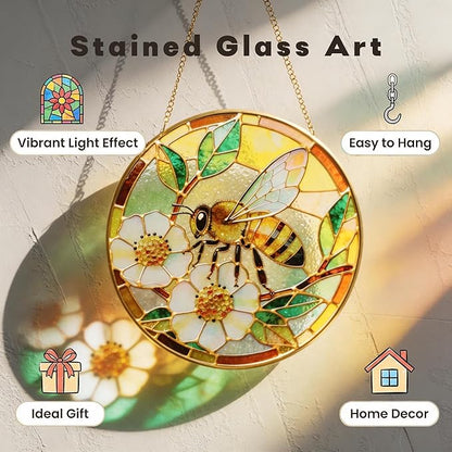 LITIVY Stained Glass Window Hanging, Spring Bees & White Dog Rose Suncatcher – Mother’s Day Memorial Gift, Handmade Glass Panel 8 Inch, Whimsical Garden Suncatchers & Rainbow Maker for Women