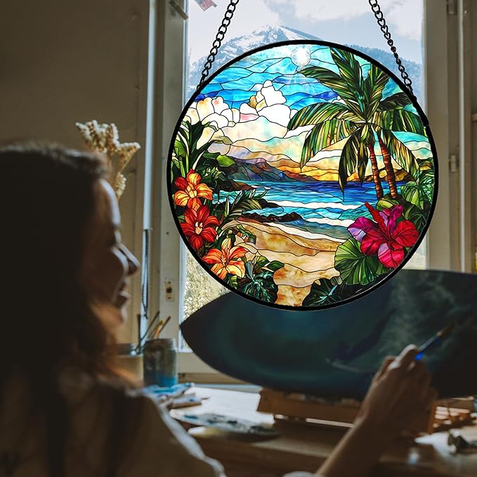 DASTOLL Stained Glass Window Hanging, Blue Beach Scenery Suncatcher Diamond Glass Panel Hangings Sun Catchers Decor for Birthday for Women, Men, Wife, Aunt, and Mom 14.9x14.9 in