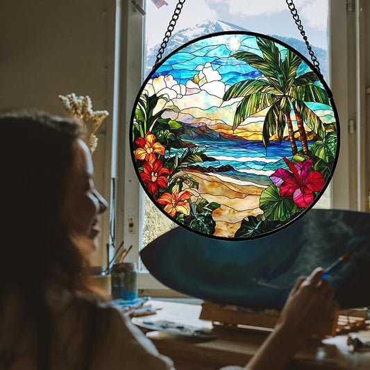DASTOLL Stained Glass Window Hanging, Blue Beach Scenery Suncatcher Diamond Glass Panel Hangings Sun Catchers Decor for Birthday for Women, Men, Wife, Aunt, and Mom 14.9x14.9 in