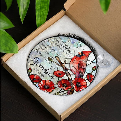 Personalized Grandma Memorial Stained Glass Suncatcher, Custom Red Cardinal Window Hanging Suncatcher for Loss of Loved One, Sympathy & Remembrance Gift, Floral Sun Catcher for Window