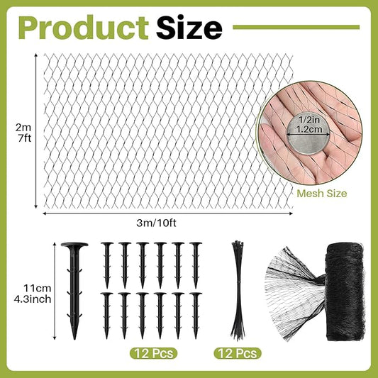Koi Pond Netting Kit 7 x 10ft, Bird Deer Fence Netting, Durable Net Cover for Leaves, Heavy Duty Fine Mesh, Protect Fish from Blue Heron Birds, Cats & Predators, 12 Pcs Stakes & Ties Included