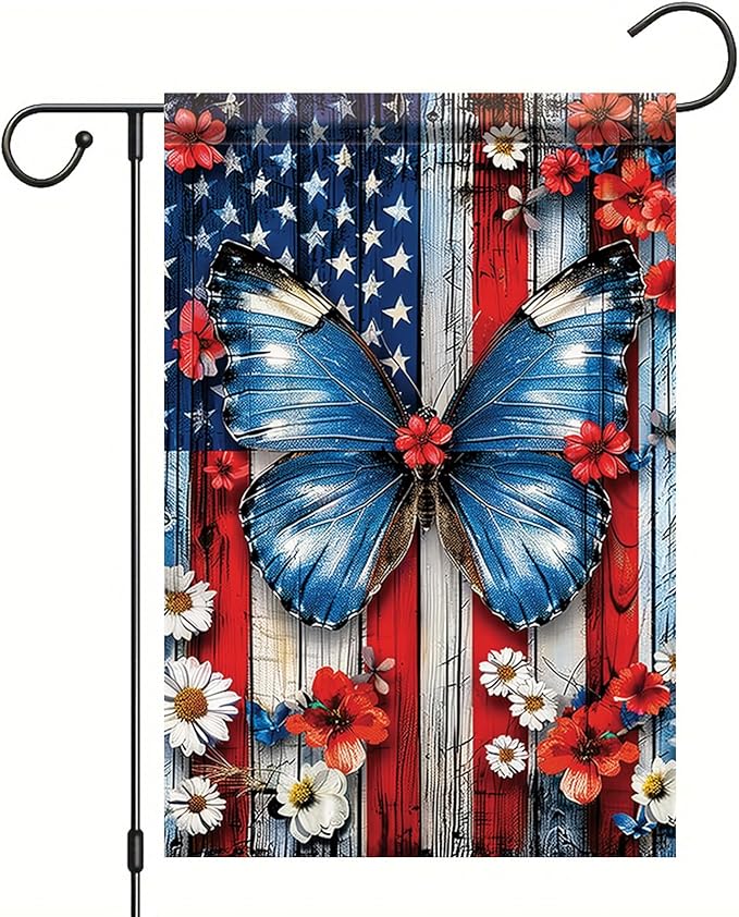 Spring Summer Garden Flag 12x18 Inch Patriotic Butterfly American Outdoor Floral Rustic Wood Art Design Outdoor Yard Porch Lawn for Seasonal Americana Farmhouse Home Decor