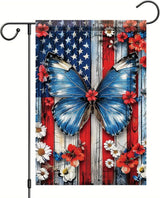 Spring Summer Garden Flag 12x18 Inch Patriotic Butterfly American Outdoor Floral Rustic Wood Art Design Outdoor Yard Porch Lawn for Seasonal Americana Farmhouse Home Decor