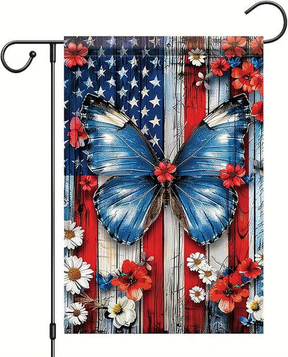 Spring Summer Garden Flag 12x18 Inch Patriotic Butterfly American Outdoor Floral Rustic Wood Art Design Outdoor Yard Porch Lawn for Seasonal Americana Farmhouse Home Decor