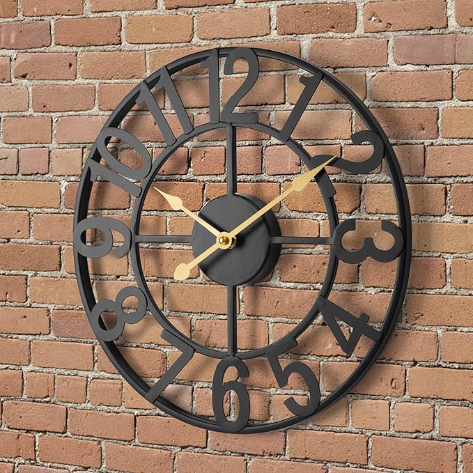 Outdoor Clock for Patio, Silent Non-Ticking Battery Operated Black Metal Outdoor Wall Clock with Large Arabic Numerals, Vintage Farmhouse Decorative Clock Pool, Garden, Porch, Living Room – 14 Inch