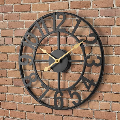 Outdoor Clock for Patio, Silent Non-Ticking Battery Operated Black Metal Outdoor Wall Clock with Large Arabic Numerals, Vintage Farmhouse Decorative Clock Pool, Garden, Porch, Living Room – 14 Inch