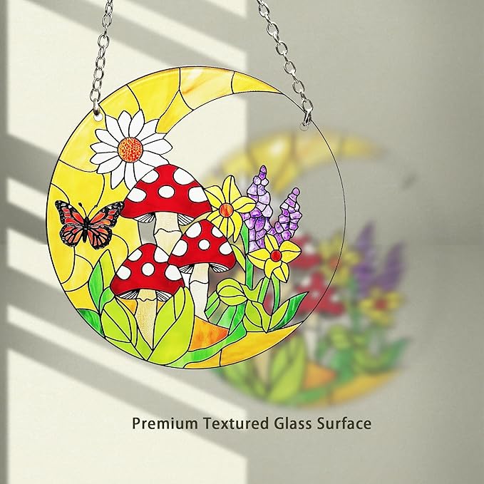 Mushroom Moon Stained Glass Suncatcher Home Decor, Mushroom Plant Lover Gifts for Women, Birthday Gifts for Mom Grandma Mothers