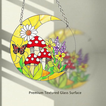 Mushroom Moon Stained Glass Suncatcher Home Decor, Mushroom Plant Lover Gifts for Women, Birthday Gifts for Mom Grandma Mothers