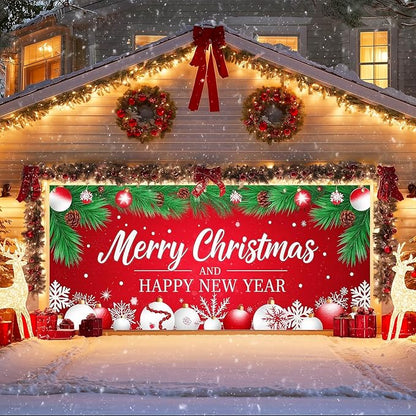 IVN Christmas Garage Door Cover Decoration 13x6ft Red Background Pine Needles White Baubles Snowflakes Merry Christmas Winter Garage Door Banner Home Door Front Yard Decor for Xmas Eve Holiday Outdoor