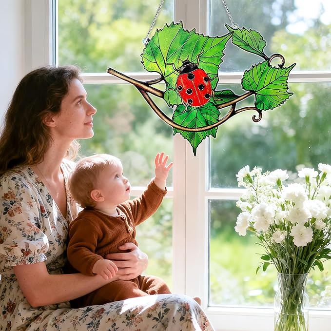 Ladybug Suncatcher Stained Glass, Ladybug Sun Catchers Window, Unique Nature Lover Gifts Leaf