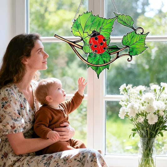 Ladybug Suncatcher Stained Glass, Ladybug Sun Catchers Window, Unique Nature Lover Gifts Leaf