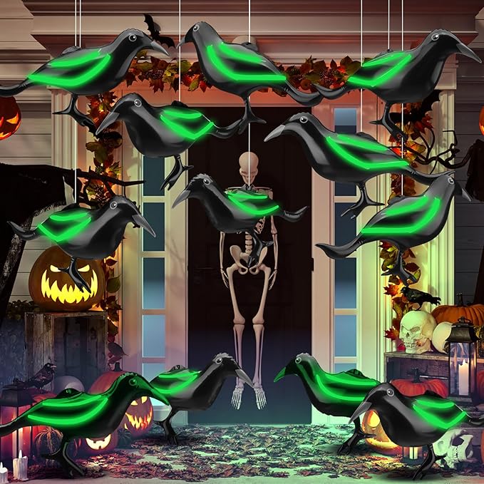 Ripeng 12 Pcs 11.5'' Halloween Inflatable Outdoor Decoration Large Halloween Crow Inflatable Hanging Ornament Realistic PVC Glow in The Dark Black Blow up Crow for Outside Indoor Yard Tree Party Decor