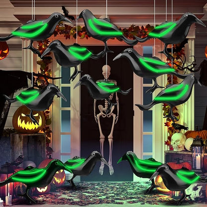 Ripeng 12 Pcs 11.5'' Halloween Inflatable Outdoor Decoration Large Halloween Crow Inflatable Hanging Ornament Realistic PVC Glow in The Dark Black Blow up Crow for Outside Indoor Yard Tree Party Decor