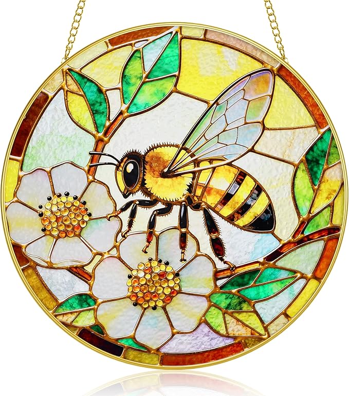 LITIVY Stained Glass Window Hanging, Spring Bees & White Dog Rose Suncatcher – Mother’s Day Memorial Gift, Handmade Glass Panel 8 Inch, Whimsical Garden Suncatchers & Rainbow Maker for Women