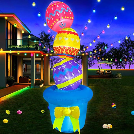 Easter Inflatables Outdoor Decorations 6FT Inflatable Stacked Eggs on Flowerpot Built-in LED Lights for Spring Holiday Party Indoor Outdoor Blow Up Decor for Garden Lawn Patio Decoration