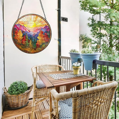 7.8 Inch Stained Glass Window Hanging Sunrise Mountains Tree Sun Catcher Indoor Window Door Wall Yard Home Decor Landscape Colorful Glass Panel Suncatcher Gifts for Women Men Mom Grandma