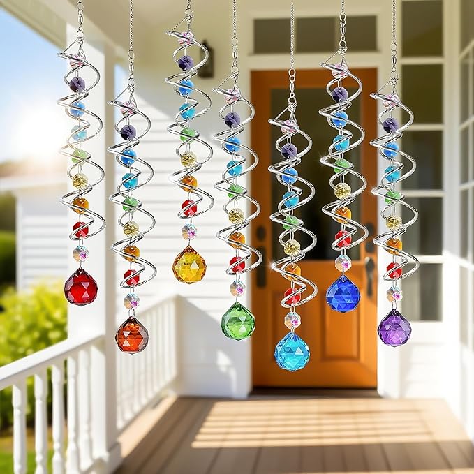 H&D HYALINE & DORA 7 Pack Crystal Suncatchers for Windows Hanging Gazing Ball Spiral Tail Wind Spinners Stainless Steel Hanging with Swivel Hook for Yard and Garden Indoor Home Decor