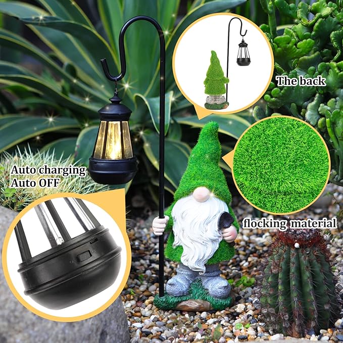 Flocked Garden Gnome Statue with Solar LED Light, Large Funny Fairy Gnomes Figurines with Solar Lantern, Outdoor Fall Decorations for Yard Lawn, Tall 15.8 Inch