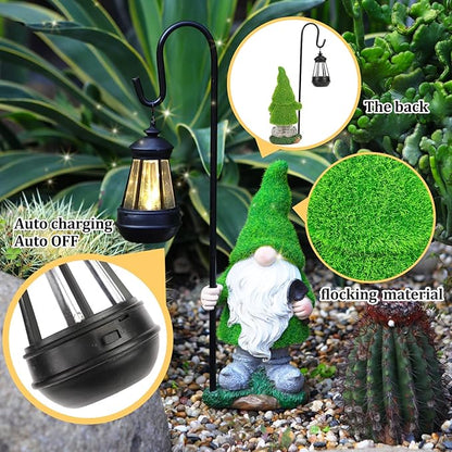 Flocked Garden Gnome Statue with Solar LED Light, Large Funny Fairy Gnomes Figurines with Solar Lantern, Outdoor Fall Decorations for Yard Lawn, Tall 15.8 Inch