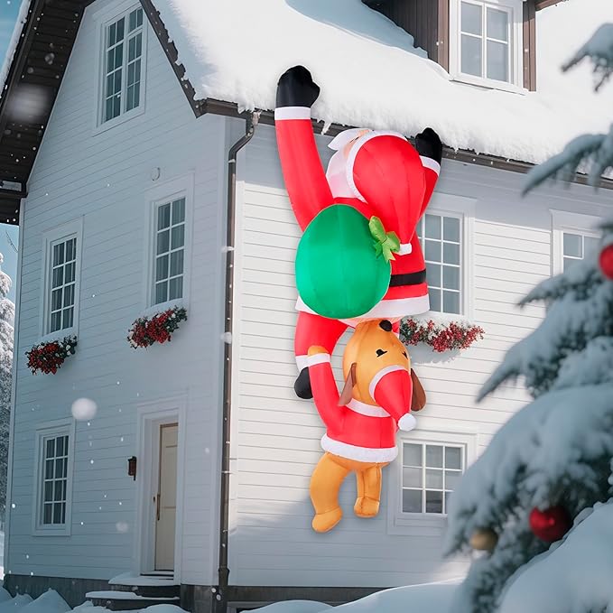 Joiedomi Hanging Christmas Inflatables Outdoor Decoration, Blow Up Climbing Santa with Dog, Christmas Blow Up Yard Decorations with Build-in LED for Xmas Party, Garden, Lawn, Roof Decor