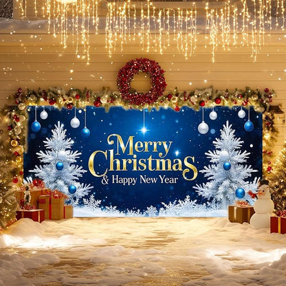 IVN Christmas Garage Door Cover Decoration 13x6ft Blue Night Sky White Trees Gold Lettering Ornaments Merry Christmas Winter Garage Door Banner Home Door Front Yard Decor for Xmas Eve Holiday Outdoor