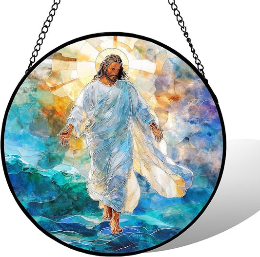 7.88'' Jesus Stained Glass Window Hanging,Christian Jesus Suncatchers Stained Glass Hanging with Hook Chain for Window, Sun Catchers Home Decor for Mother's Day Birthday for Women, Men, Wife, Mom