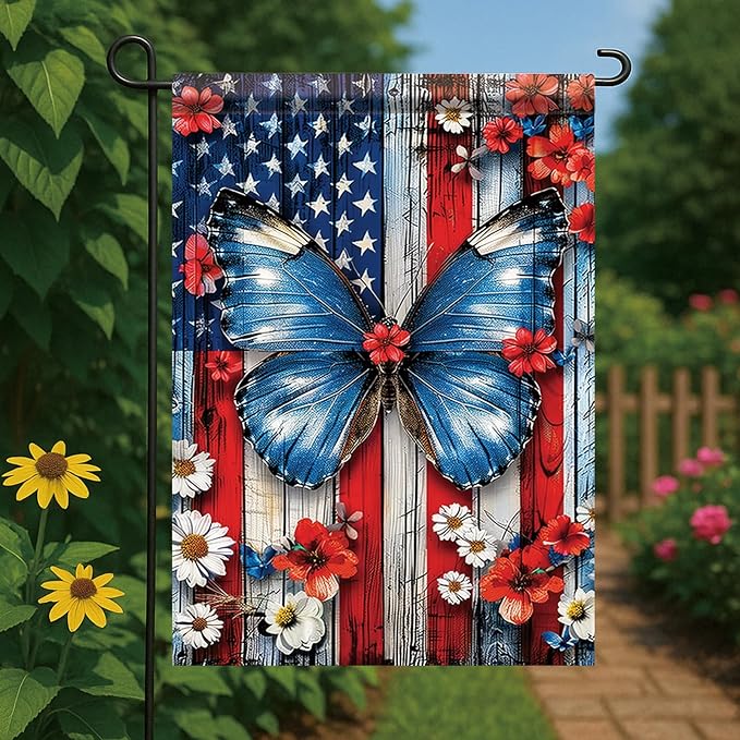 Spring Summer Garden Flag 12x18 Inch Patriotic Butterfly American Outdoor Floral Rustic Wood Art Design Outdoor Yard Porch Lawn for Seasonal Americana Farmhouse Home Decor