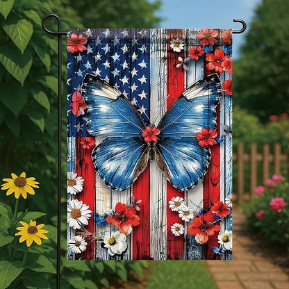 Spring Summer Garden Flag 12x18 Inch Patriotic Butterfly American Outdoor Floral Rustic Wood Art Design Outdoor Yard Porch Lawn for Seasonal Americana Farmhouse Home Decor