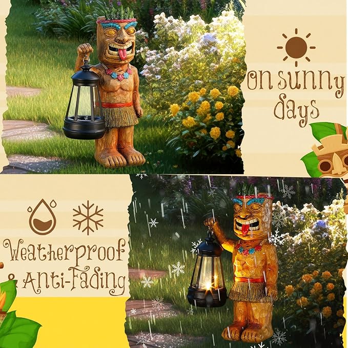 Tuanse 9.5" H Solar Tiki Statue Bar Decorations Outdoor Garden Patio Hawaiian Luau Tiki Figurine with Solar Lantern Light Tropical Summer Decor for Lawn Yard Pool Housewarming Birthday Funny Gift