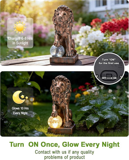 Nacome Guardian Lion Garden Decor: Outdoor Decoration Statue with Ball Lights for Yard Art Porch Patio Balcony - Unique Birthday Choice for Women Mom Lover - 9.45in (Copper)