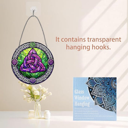 Stained Glass Window Hanging Suncatcher, 8" Round Celtic Knot Sun Catcher, Purple and Green Decorative Glass Art for Home Garden, Gift for Women Mom Gradma