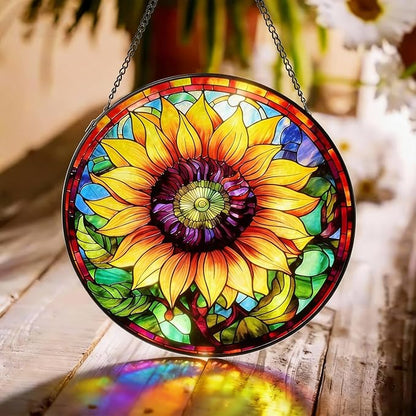 Stained Glass Window Hanging Sunflower Sun Catcher Indoor, Stained Glass Suncathers, Sunflower Gifts for Women,Mom, Grandma and Wife Inspirational Sympathy Gifts 7.8’’ Yellow