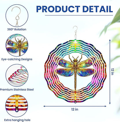 FLAGWIX Dragonfly Gifts for Women - 3D Stainless Steel Metal Wind Spinners 12 in - Dragonfly Wind Spinners Outdoor, Yard Garden Decor for Outside, Mothers Day Birthday Garden Gifts for Mom Grandma