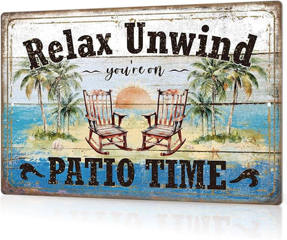 Putuo Decor Funny Patio Metal Tin Sign Backyard Signs Vintage Relax Unwind You'Re On Patio Time Tin Signs Patio Wall Decor For Outdoor Porch Decor 12x8 Inches
