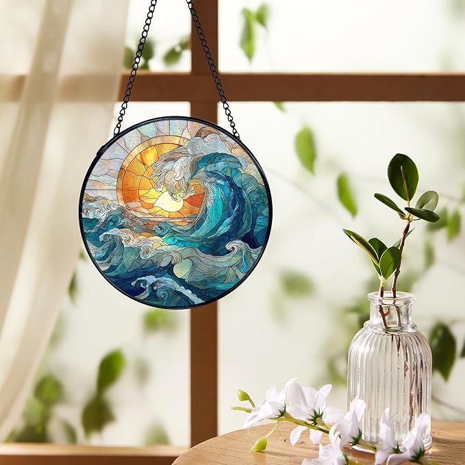 Coastal Ocean Waves Suncatchers Stained Glass Window Hanging, Ocean Beach Sun Catchers Indoor Window Glass Round Wall Decor, 7.9x7.9in