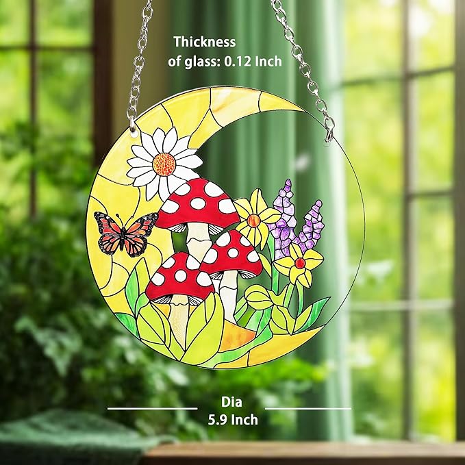 Mushroom Moon Stained Glass Suncatcher Home Decor, Mushroom Plant Lover Gifts for Women, Birthday Gifts for Mom Grandma Mothers