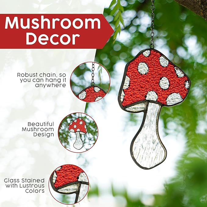 Mushroom Stained Glass Suncatcher Set – 3 Fly Agaric Hand-Painted Toadstool & Moon Window Ornaments – Boho Nature Window Décor for Home, Plant, and Mushroom Lovers