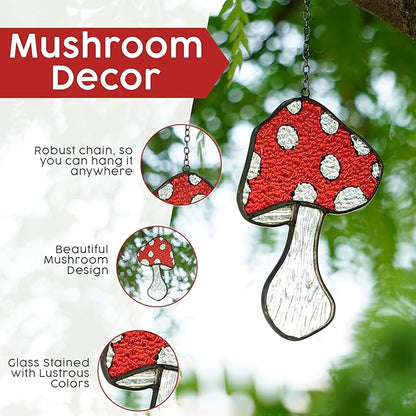 Mushroom Stained Glass Suncatcher Set – 3 Fly Agaric Hand-Painted Toadstool & Moon Window Ornaments – Boho Nature Window Décor for Home, Plant, and Mushroom Lovers