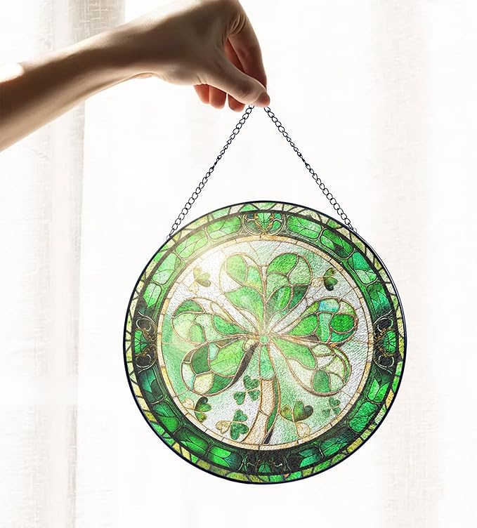 FLAGWIX St Patricks Day Decorations - Stained Glass Hanging Suncatcher 8 in - Birthday Irish Decorations, Irish Gifts for Women Men Family Friends, Shamrock Home Decor