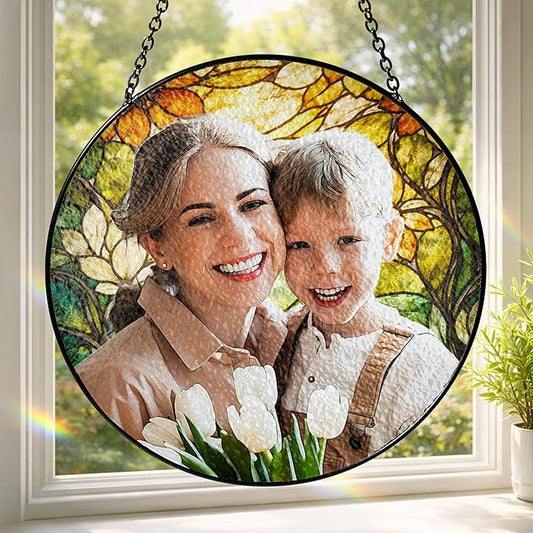Personalized Stained Glass Suncatcher for Mom, Custom Stained Glass Mothers Day, Customize Mom Suncatcher for Window, Mothers Day Ideal Gift for Family from Grandkids on Mother Day Birthday Christmas