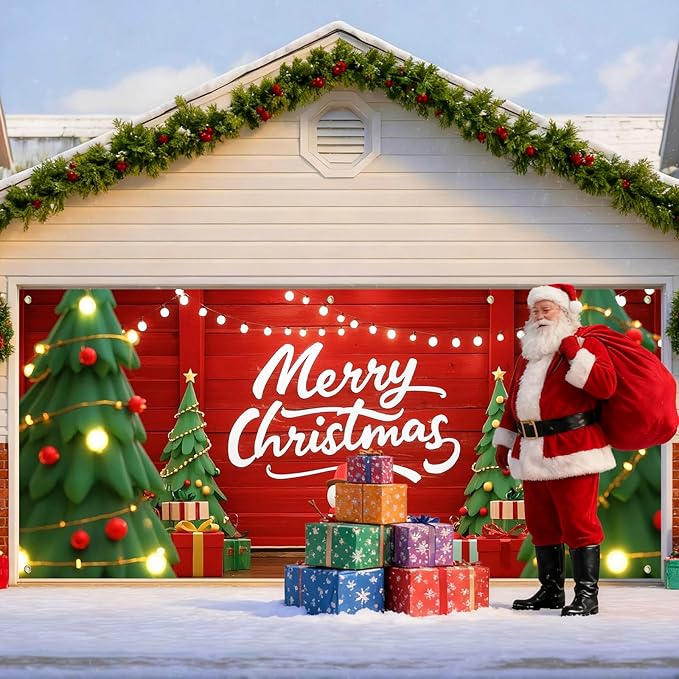 IVN Christmas Garage Door Cover Decoration 13x6ft Snowman Cartoon Trees String Lights Design Merry Christmas Winter Garage Door Banner Home Door Front Yard Decor for Xmas Eve Holiday Outdoor