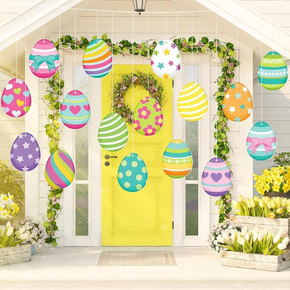 Ferraycle 16 Pcs Easter Decorations Outdoor Easter Eggs Hanging Yard Signs 7.9 Inch Large Colorful Egg Shaped Double Sided Plastic Slices Ornaments for Tree Porch Yard Outside Party Decor(Vibrant Egg)