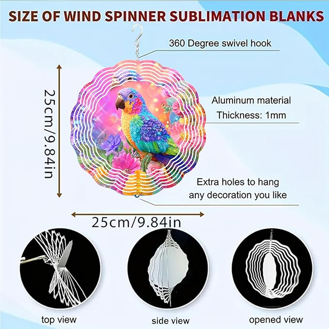 Wind Spinners Colorful Parrot Floral Art 9.8 x 9.8 Inch Metal Wind Spinner Outdoor Garden Decor Vibrant Tropical Bird Illustration Decorative Wind Spinners for Yard Patio
