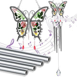 Butterflies Wind Chimes Glass Metal Real Flower and Multicolor 4 Tube Aluminum Windchime with S Hooks,Elegant Chime Outdoor, Garden,Balcony and Home Decoration with Wind Catcher Grandparent Day Gifts