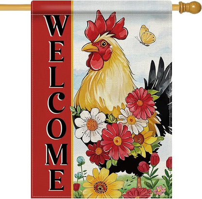 Dyrenson Welcome Spring Summer Rooster 28 x 40 House Flag Double Sided, Farm Animal Daisy Flower Red Garden Yard Decoration, Farmhouse Butterfly Burlap Outdoor Decor Decorative Large Flag