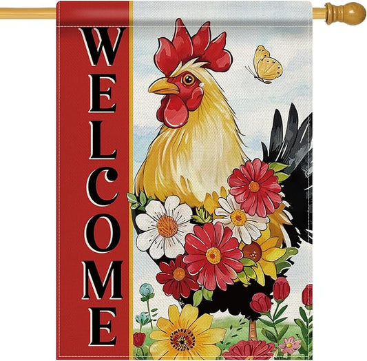 Dyrenson Welcome Spring Summer Rooster 28 x 40 House Flag Double Sided, Farm Animal Daisy Flower Red Garden Yard Decoration, Farmhouse Butterfly Burlap Outdoor Decor Decorative Large Flag