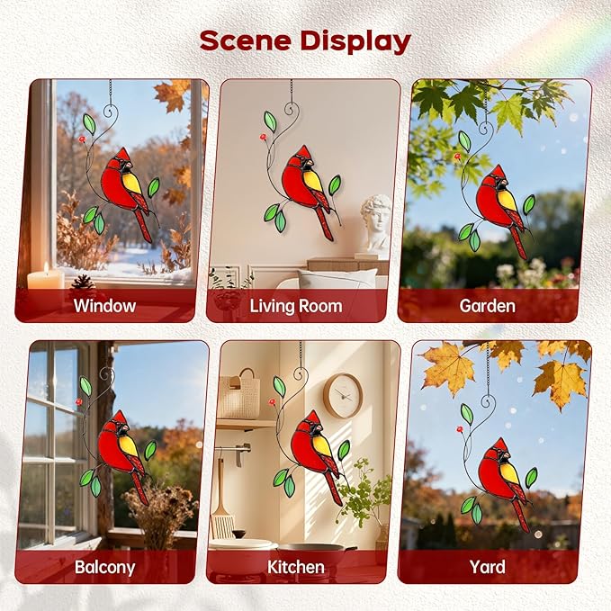 Cardinal Stained Glass Window Hanging for Mother's Day, IDEA SHOW Red Cardinal Suncatcher, Real Glass Window Hanging Ornament, Handmade Bird Home Decor Memorial Gift for Women, Mom, Bird Lover